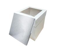 LARRYROO Tall White Cake Box Extra Deep with Clear Display Window & Silver Square Cake Drum Board Combo (10")