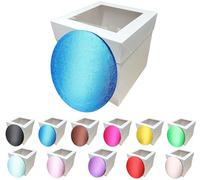 LARRYROO Tall White Cake Box Extra Deep with Clear Display Window & Vibrant, Colourful Round Cake Drum Board Combo (Blue, 10 Inch)