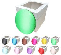 LARRYROO Tall White Cake Box Extra Deep with Clear Display Window & Vibrant, Colourful Round Cake Drum Board Combo (Green, 12 Inch)