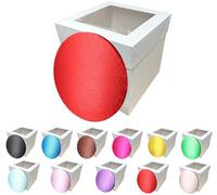 LARRYROO Tall White Cake Box Extra Deep with Clear Display Window & Vibrant, Colourful Round Cake Drum Board Combo (Red, 12 Inch)