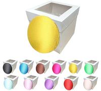 LARRYROO Tall White Cake Box Extra Deep with Clear Display Window & Vibrant, Colourful Round Cake Drum Board Combo (Gold, 10 Inch)