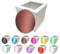 LARRYROO Tall White Cake Box Extra Deep with Clear Display Window & Vibrant, Colourful Round Cake Drum Board Combo (Brown, 12 Inch)