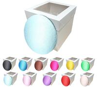 LARRYROO Tall White Cake Box Extra Deep with Clear Display Window & Vibrant, Colourful Round Cake Drum Board Combo (Light Blue, 12 Inch)