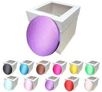 LARRYROO Tall White Cake Box Extra Deep with Clear Display Window & Vibrant, Colourful Round Cake Drum Board Combo (Purple, 12 Inch)