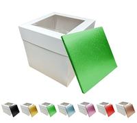 LARRYROO Tall White Cake Box Extra Deep with Clear Display Window & Vibrant, Colourful Square Cake Drum Board Combo (Green, 10 Inch)
