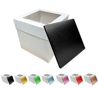 LARRYROO Tall White Cake Box Extra Deep with Clear Display Window & Vibrant, Colourful Square Cake Drum Board Combo (Black, 10 Inch)