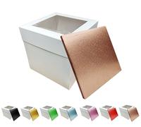 LARRYROO Tall White Cake Box Extra Deep with Clear Display Window & Vibrant, Colourful Square Cake Drum Board Combo (Rose Gold, 12 Inch)