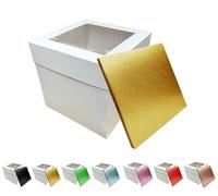 LARRYROO Tall White Cake Box Extra Deep with Clear Display Window & Vibrant, Colourful Square Cake Drum Board Combo (Gold, 10 Inch)