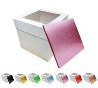 LARRYROO Tall White Cake Box Extra Deep with Clear Display Window & Vibrant, Colourful Square Cake Drum Board Combo (Light Pink, 10 Inch)