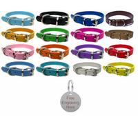 LarryRoo Vibrant Leather Dog Collar For Puppy, Dogs Small, Medium & Large With Personalised Engraved 25mm Silver Round Tag