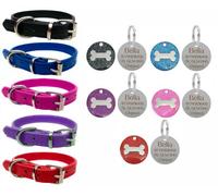 LarryRoo Vibrant Leather Dog Collar For Puppy, Dogs Small, Medium & Large With Personalised Engraved Round Glitter Bone Tag (X-Large (45Cm