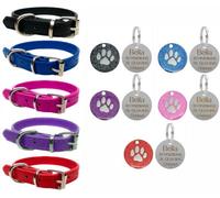 LarryRoo Vibrant Leather Dog Collar For Puppy, Dogs Small, Medium & Large With Personalised Engraved Round Glitter Paw Tag (Large (36Cm -