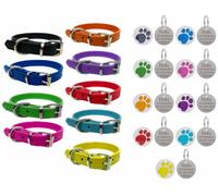 LarryRoo Vibrant Leather Dog Collar For Puppy, Dogs Small, Medium & Large With Personalised Engraved Round Glitter Paw Print Tag (Large