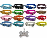LarryRoo Vibrant Leather Dog Collar For Puppy, Dogs Small, Medium & Large With Personalised Engraved Silver Bone Shaped Tag (Large (36Cm -