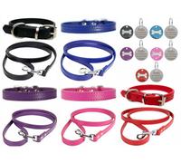 LarryRoo Vibrant Leather Dog Collar & Lead Combo Set For Puppy, Dogs Small, Medium & Large With Personalised Engraved Round Glitter Bone