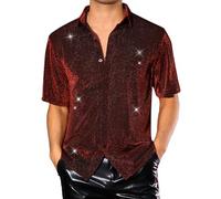 Lars Amadeus Glitter Sheer Shirt for Men's Shiny Mesh Short Sleeve Top Party Metallic Shirts Red L