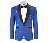 Lars Amadeus Men Sparkly Metallic Glitter Shawl Lapel Suit Jacket | One-button design. Shiny style for dinner. Stand out from crowd. Sparkly metallic glitter shawl lapel