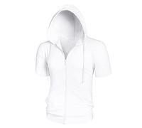 Lars Amadeus Men's Hoodies Solid Color Zip Up Short Sleeve Jackets with Hood White XXL