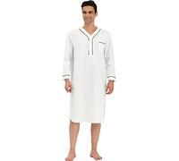 Lars Amadeus Men's Nightshirt Cotton Sleep Shirt Long Sleeves Henley Nightgown Sleepwear White 50