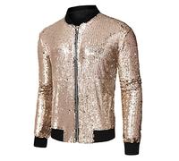 Lars Amadeus Men's Varsity Jacket Halloween Party Disco Shiny Sparkly Glitter Bomber Sequins Jacket, Pink Gold, L