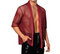 Lars Amadeus Mesh Sheer Cardigan for Men's Fishnet Open Front Party Tops 3/4 Sleeve See Through Kimono Cardigans Burgundy S