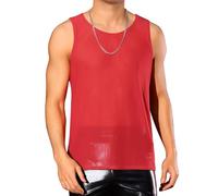 Lars Amadeus Mesh Sheer Tank Top for Men's See Through Sleeveless Tee Shirts Crew Neck Party Vest Red S