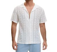 Lars Amadeus Mesh Shirts for Men's Summer Sheer Short Sleeve Button See Through Fishnet Shirt Bright White S