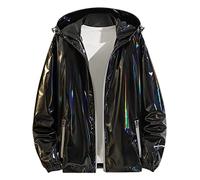 Lars Amadeus Metallic Jacket for Men's Solid Zipper Sparkle Shiny Hooded Holographic Windbreaker, Black, XL