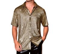 Lars Amadeus Metallic Shirts for Men's Sparkle Short Sleeve Button Disco Party Shining Shirts Black Golden M
