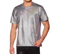 Lars Amadeus Metallic T-Shirt for Men's Round Neck Short Sleeves Sparkle Glitter Shirts Silver XXL