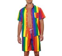 Lars Amadeus Rainbow Hawaiian Sets 2 Pieces for Men's Vacation Beach Shirt and Shorts Sets Green Yellow XXL