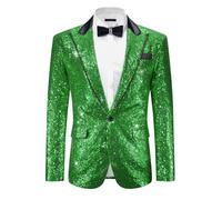 Lars Amadeus Sequin Blazer for Men's Peak Lapel Disco Prom Wedding Party Tuxedo Shiny Suit Jacket Metallic Sports Coat, Green, XL