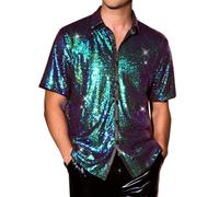 Lars Amadeus Sequin Shirts for Men's Glitter 70s Disco Shirt Button Down Short Sleeve Metallic Tops, Green, Medium