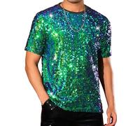 Lars Amadeus Sequin t Shirt for Men's Short Sleeve Round Neck Regular Fit Party Club Sparkly Disco Tee Top Green M