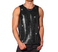 Lars Amadeus Sequin Tank Top for Men's Metallic Sparkle Glitter Sleeveless Tank Shirts, Black, Large
