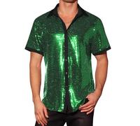 Lars Amadeus Sequins Shirts for Men's Contrasting Color Short Sleeves Disco Party Sparkly Shirt Green S