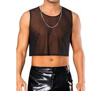Lars Amadeus Sheer Crop Tank Top for Men's See Through Sleeveless Tee Round Neck Party Mesh Vest Black XL