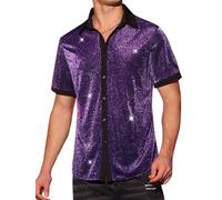 Lars Amadeus Sheer Mesh Shirts for Men's See Through Short Sleeves Party Disco Shiny Metallic Shirts Purple XXL