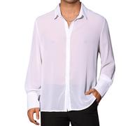 Lars Amadeus Sheer Shirts for Men's Solid Button Front Long Sleeve Collared Party See Through Shirt White XXL