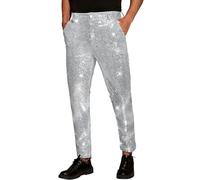 Lars Amadeus Shiny Pants for Men's Glitter 70s Disco Night Club Straight Leg Sequin Trousers Silver 30