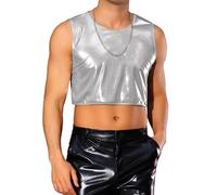 Lars Amadeus Shiny Tank Tops for Men's Short Sleeve Tee Shirt Party Disco Metallic Crop Top Silver L