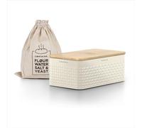 LARS NYSØM Bread Box I Metal bread box with linen bag for long lasting freshness I Baked goods Bin with bamboo lid usable as cutting board I 13.4x7.3x5.3In (Almond Beige)