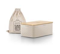 LARS NYSØM Bread Box I Metal bread box with linen bag for long lasting freshness I Baked goods Bin with bamboo lid usable as cutting board I 13.4x7.3x5.3In (Taupe Brown)