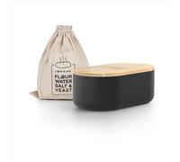 LARS NYSØM Bread Box I Metal bread box with linen bag for long lasting freshness I Baked goods Bin with bamboo lid usable as cutting board I 14.2x7.5x5.1 In (Carbon Black)