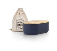 LARS NYSØM Bread Box I Metal bread box with linen bag for long lasting freshness I Baked goods Bin with bamboo lid usable as cutting board I 14.2x7.5x5.1 In (Midnight Blue)