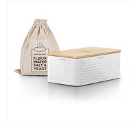 LARS NYSØM Bread Box I Metal bread box with linen bag for long lasting freshness I Baked goods Bin with bamboo lid usable as cutting board I 13.4x7.3x5.3In (Pure White)