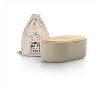 LARS NYSØM Bread Box I Metal bread box with linen bag for long lasting freshness I Baked goods Bin with bamboo lid usable as cutting board I 14.2x7.5x5.1 In (Taupe Brown)