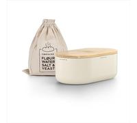LARS NYSØM Bread Box I Metal bread box with linen bag for long lasting freshness I Baked goods Bin with bamboo lid usable as cutting board I 14.2x7.5x5.1 In (Almond Beige)