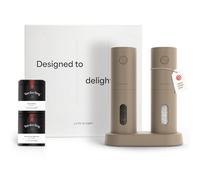 LARS NYSØM Electric Spice Mills & Spices Gift Set - Salt and Pepper Mills Set with 2 high-Quality Spice Jars (Salt, Pepper) - Beautiful Gift Box (Taupe Brown)
