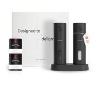 LARS NYSØM Electric Spice Mills & Spices Gift Set - Salt and Pepper Mills Set with 2 pre-Packed Spice Jars (Salt, Pepper) - Sl ift Box (Carbon Black)